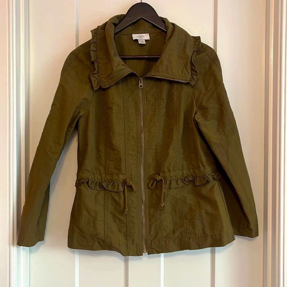 Loft MP Nylon Jacket with Ruffle trim. Army Green/Olive Color.